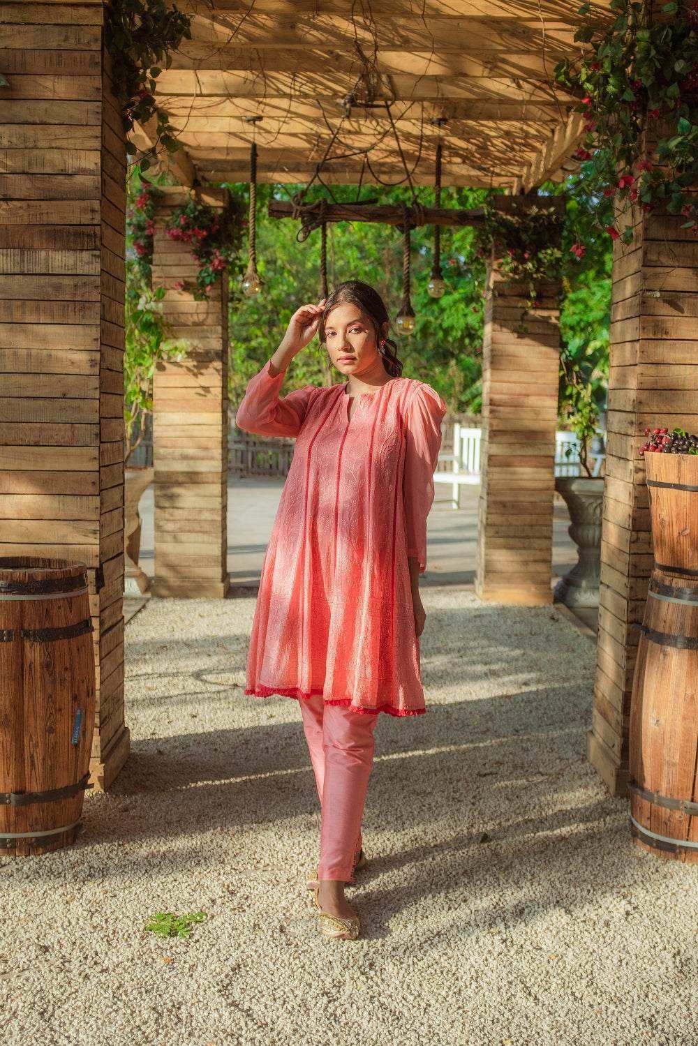 Mumtaz Chikankari Anarkali Kurta-Pants & Dupatta - Peachy Melon - Monk & Mei