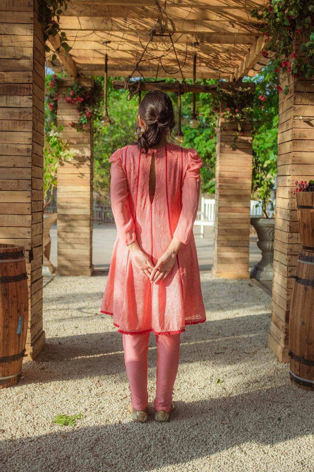Mumtaz Chikankari Anarkali Kurta-Pants & Dupatta - Peachy Melon - Monk & Mei