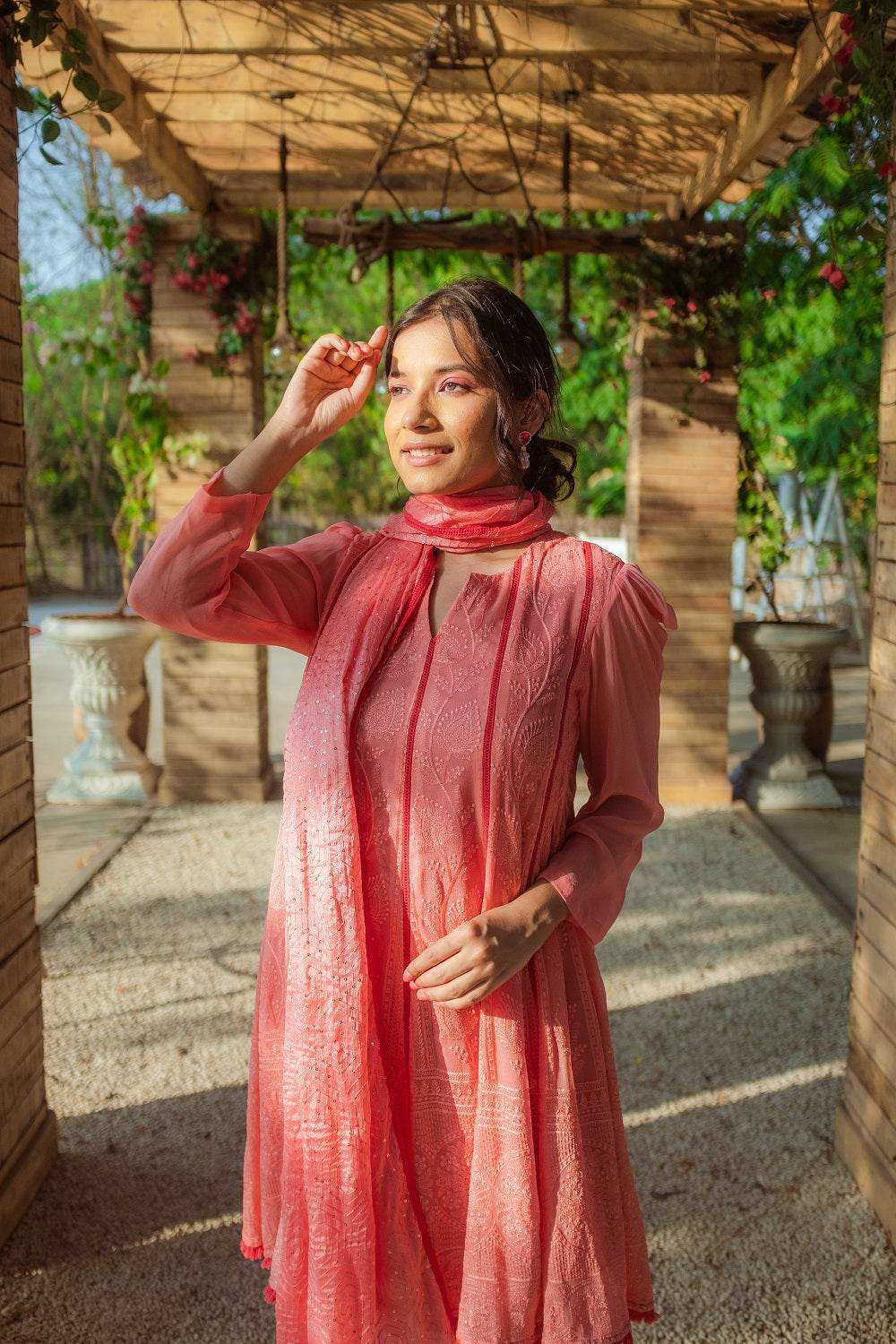 Mumtaz Chikankari Anarkali Kurta-Pants & Dupatta - Peachy Melon - Monk & Mei