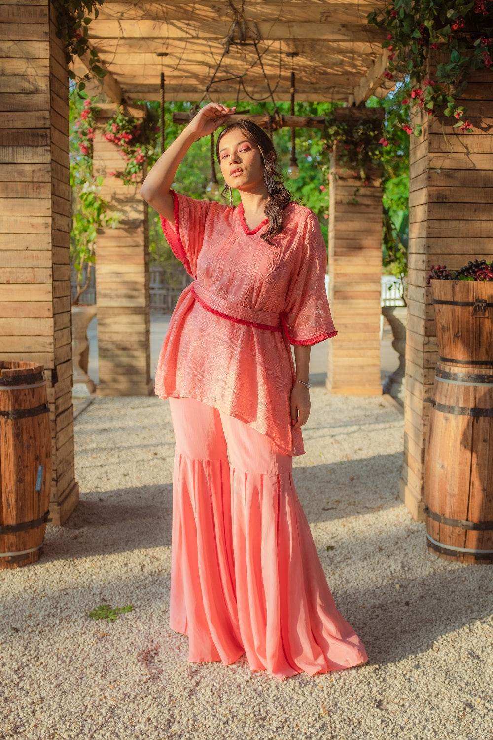 Suraiya Chikankari Kaftan, Sharara & Belt - Peachy Melon - Monk & Mei