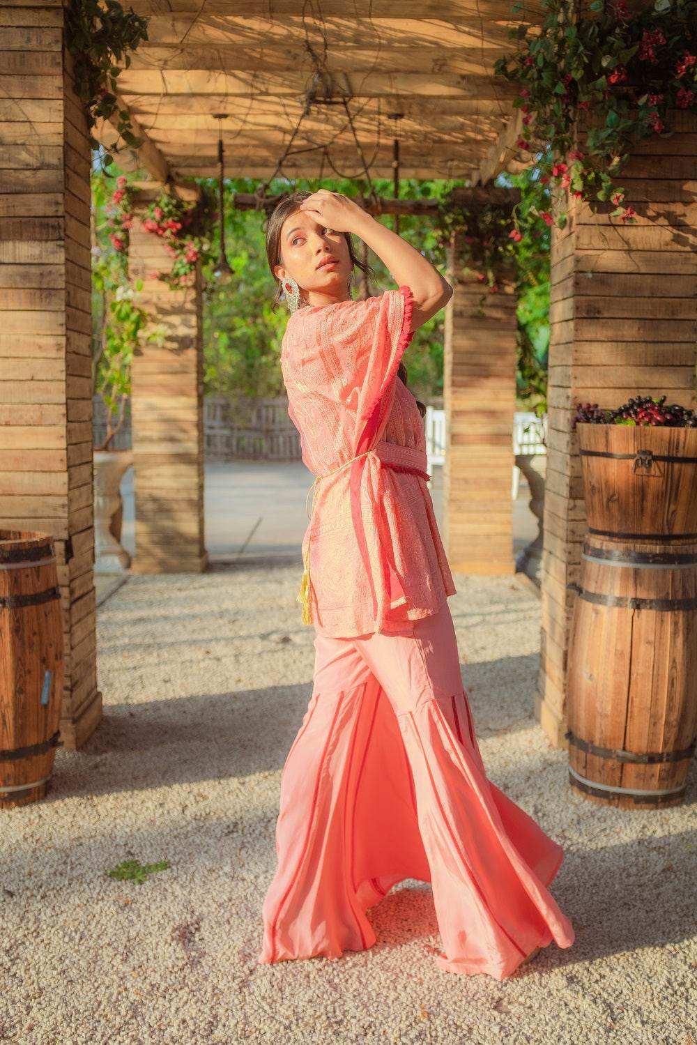 Suraiya Chikankari Kaftan, Sharara & Belt - Peachy Melon - Monk & Mei