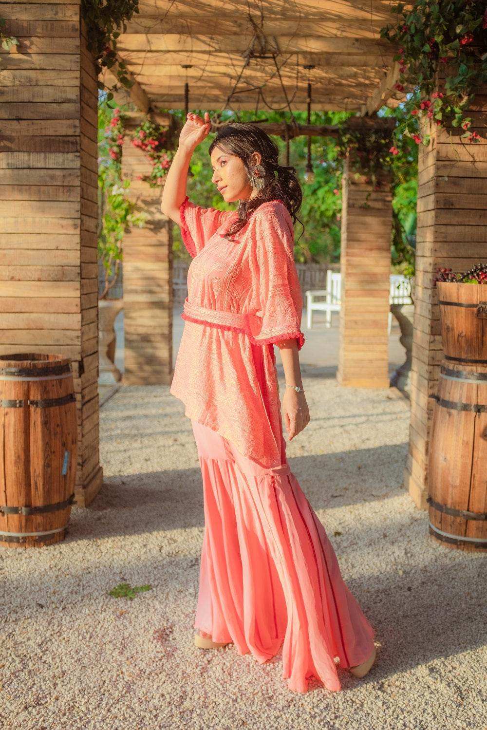 Suraiya Chikankari Kaftan, Sharara & Belt - Peachy Melon - Monk & Mei