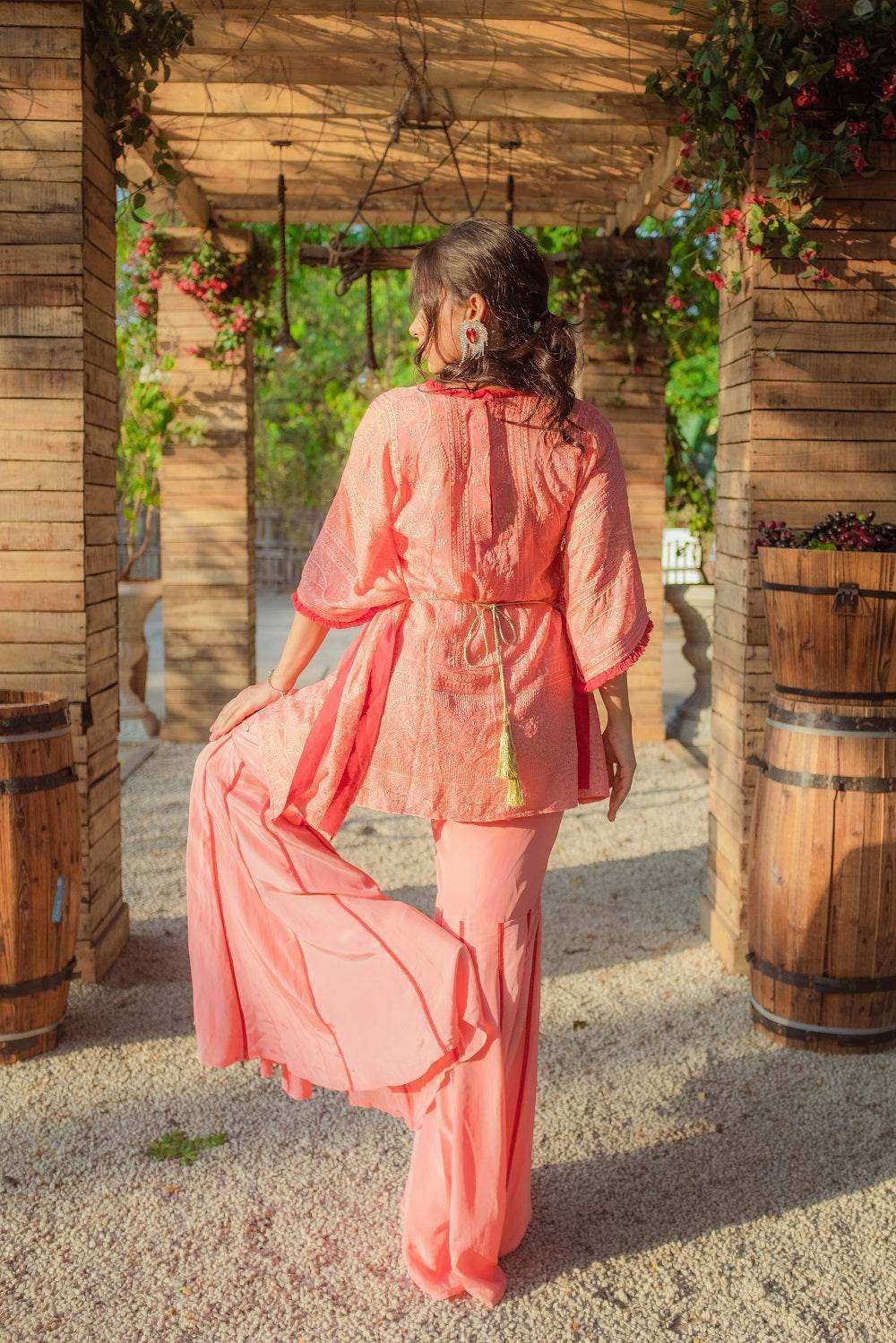 Suraiya Chikankari Kaftan, Sharara & Belt - Peachy Melon - Monk & Mei