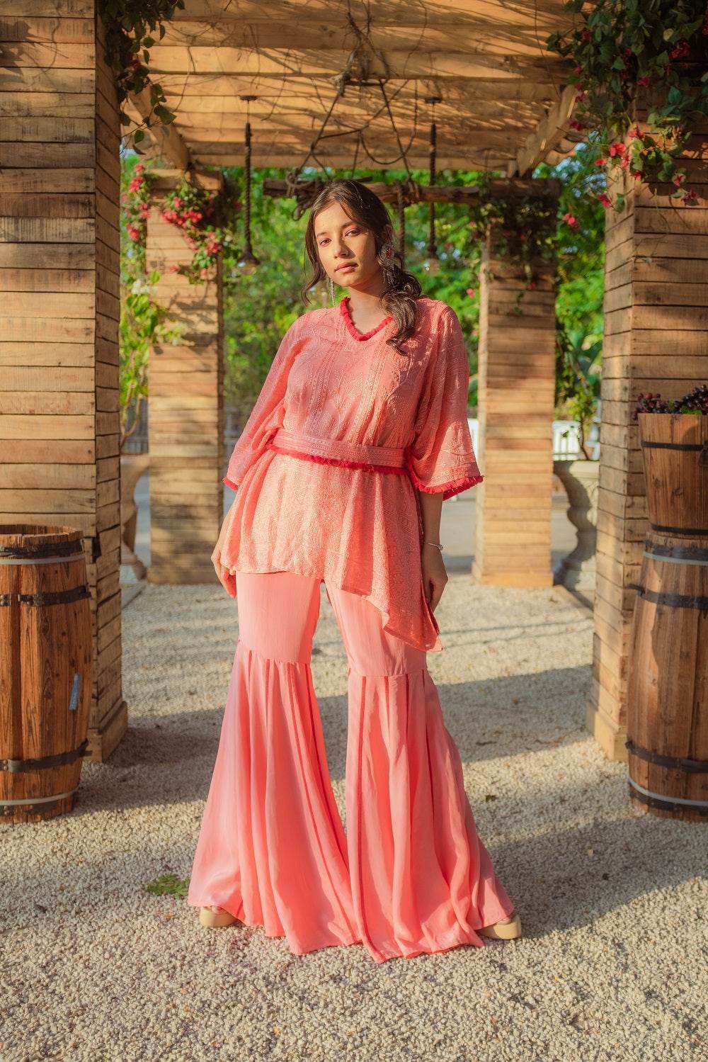 Suraiya Chikankari Kaftan, Sharara & Belt - Peachy Melon - Monk & Mei