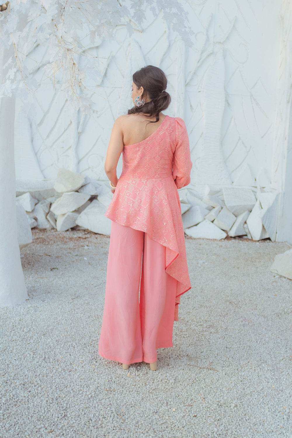 Zeenat Chikankari Top & Palazzo Pants - Peachy Melon - Monk & Mei