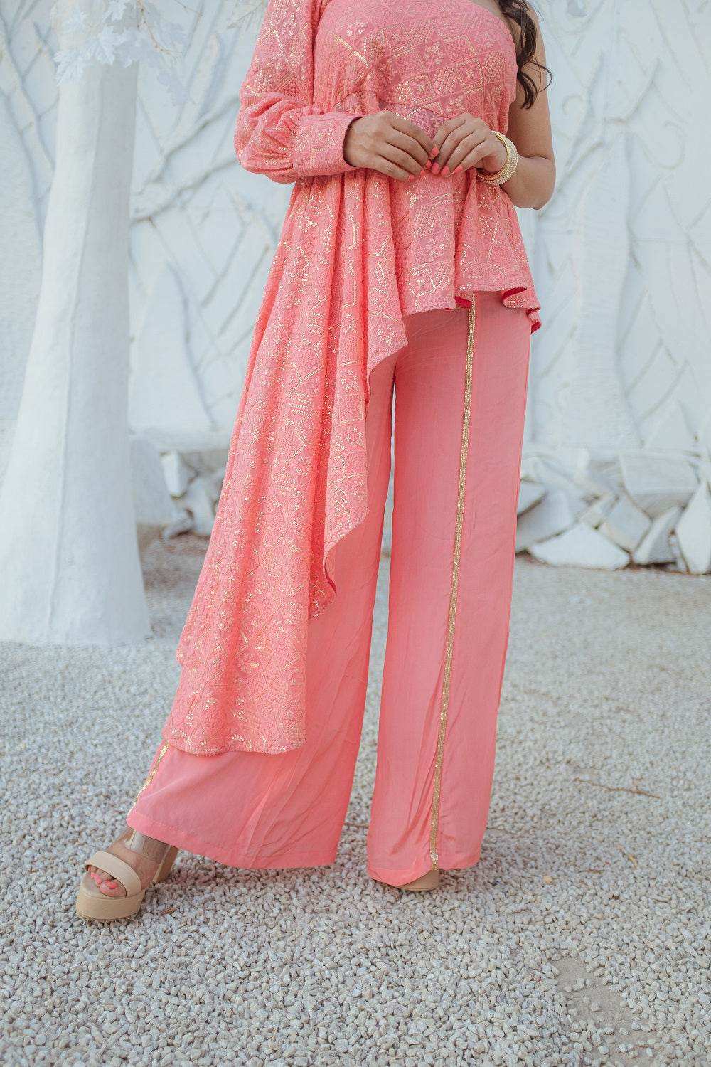 Zeenat Chikankari Top & Palazzo Pants - Peachy Melon - Monk & Mei