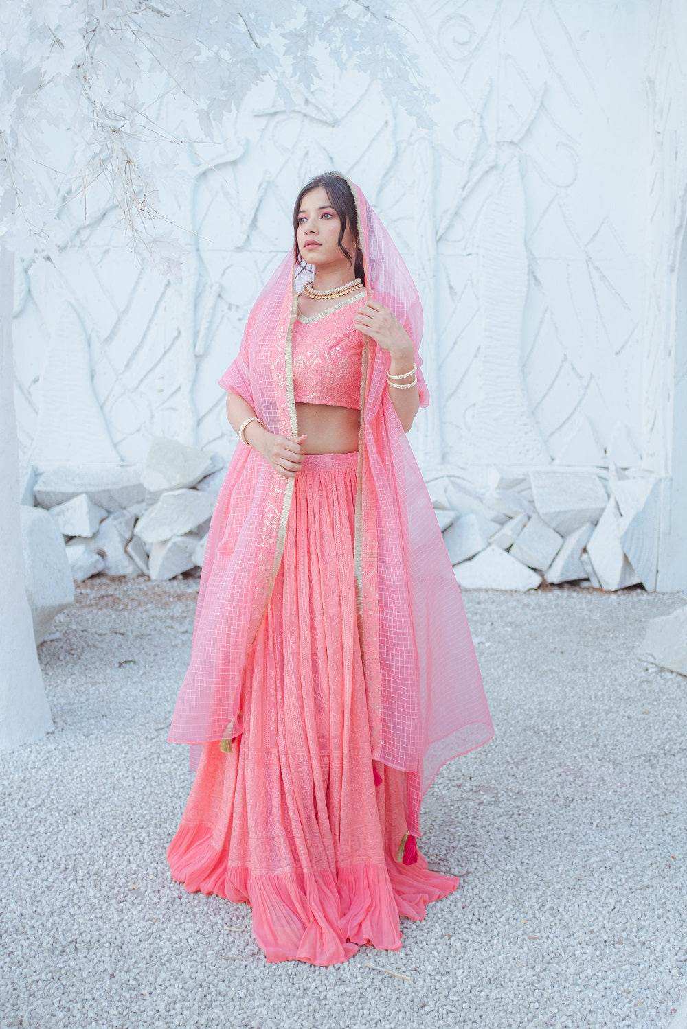 Masoom Chikankari Lehenga, Blouse & Dupatta - Peachy Melon - Monk & Mei