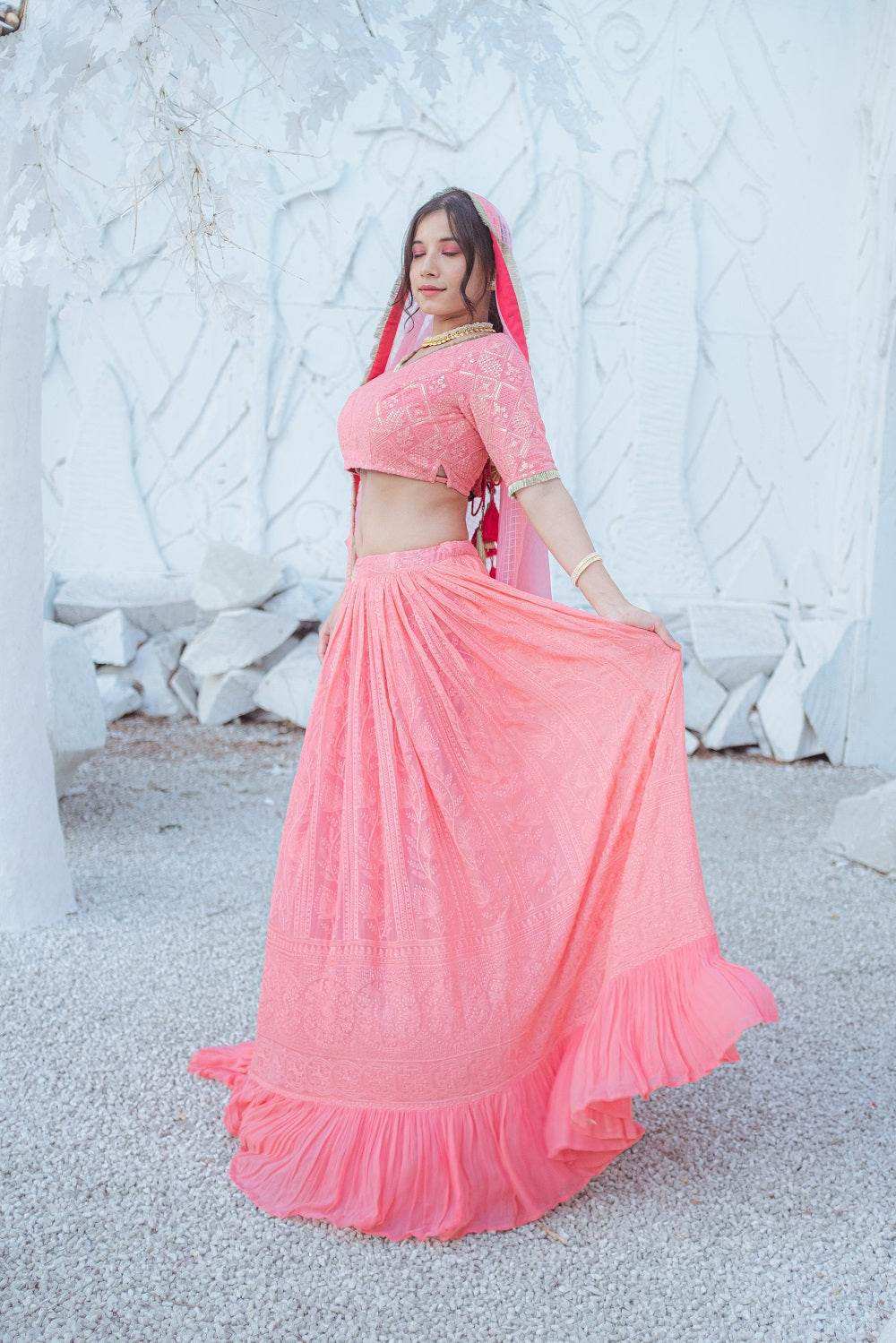Masoom Chikankari Lehenga, Blouse & Dupatta - Peachy Melon - Monk & Mei