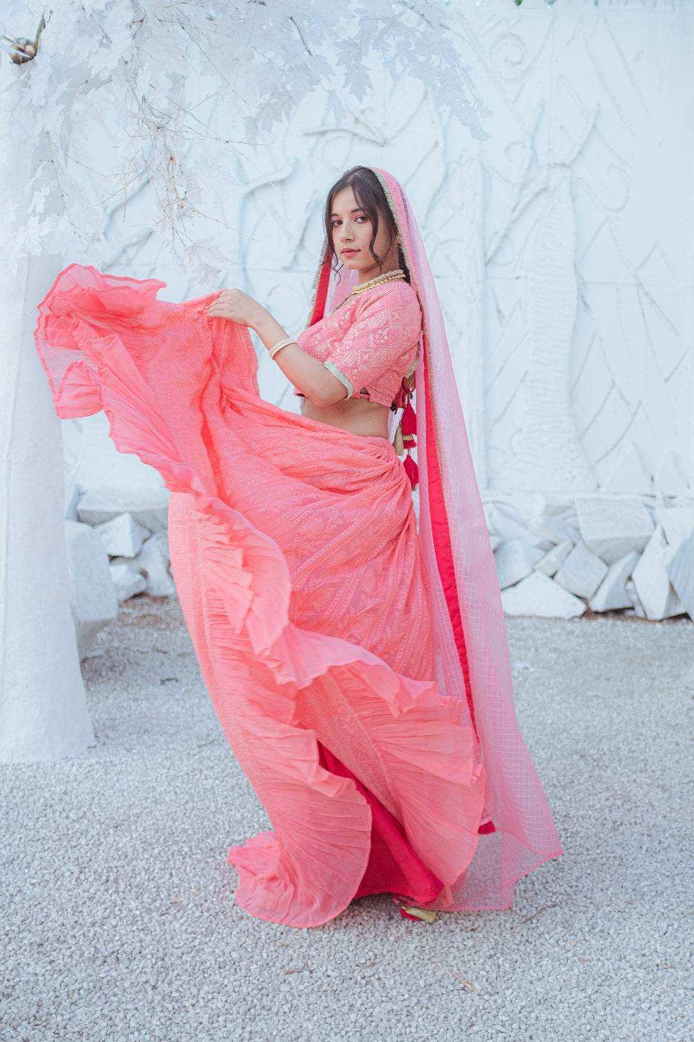 Masoom Chikankari Lehenga, Blouse & Dupatta - Peachy Melon - Monk & Mei