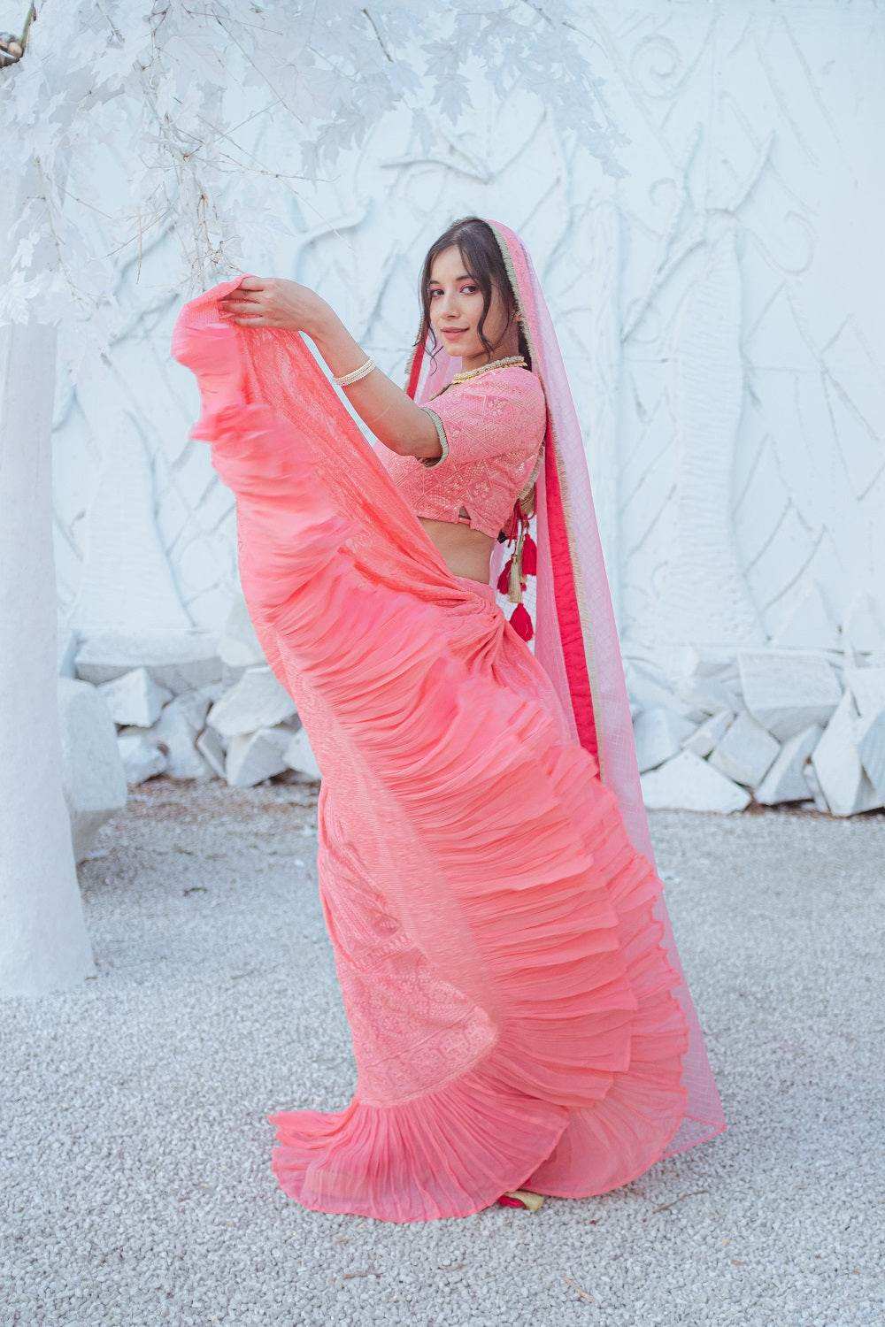 Masoom Chikankari Lehenga, Blouse & Dupatta - Peachy Melon - Monk & Mei