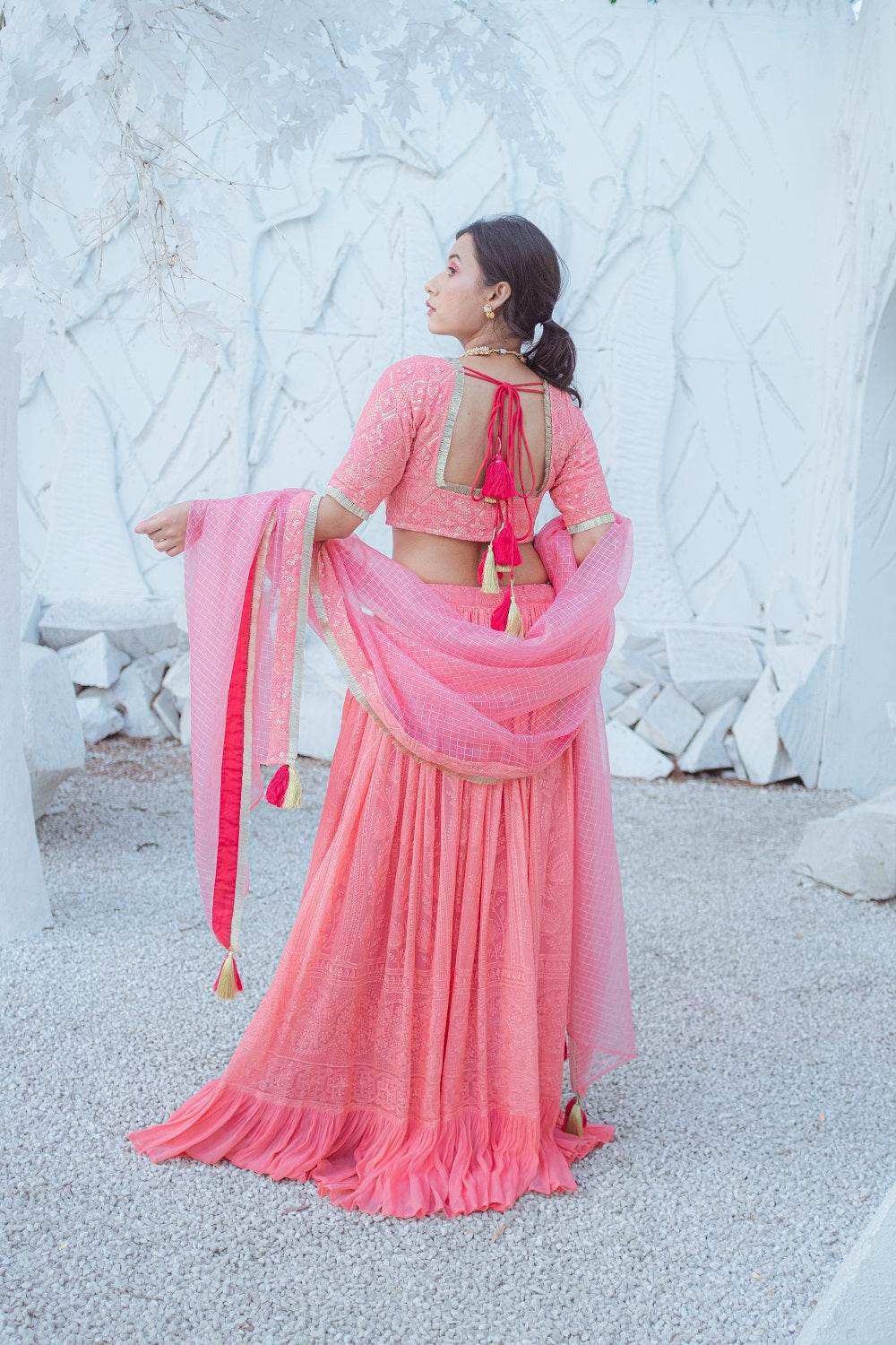 Masoom Chikankari Lehenga, Blouse & Dupatta - Peachy Melon - Monk & Mei