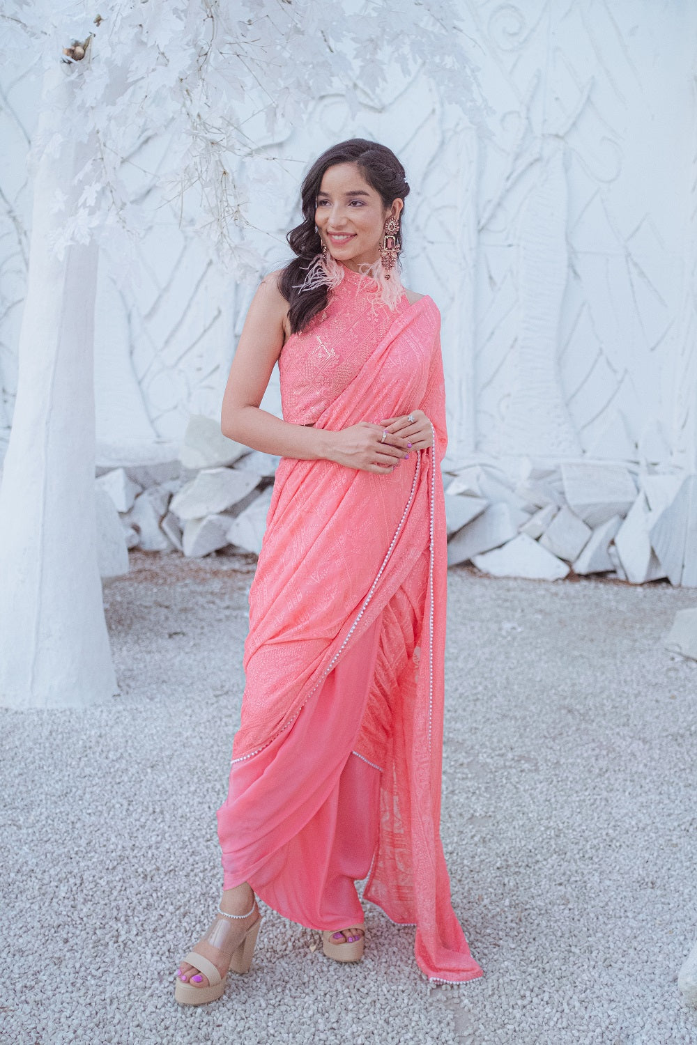 Karishma Chikankari Dhoti Saree, Blouse & Belt - Peachy Melon