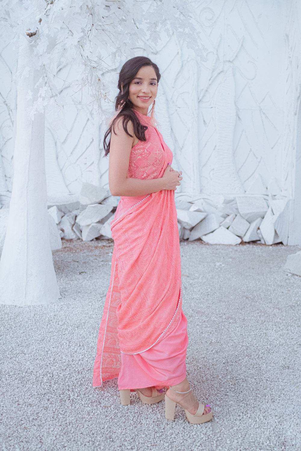 Karishma Chikankari Dhoti Saree, Blouse & Belt - Peachy Melon - Monk & Mei