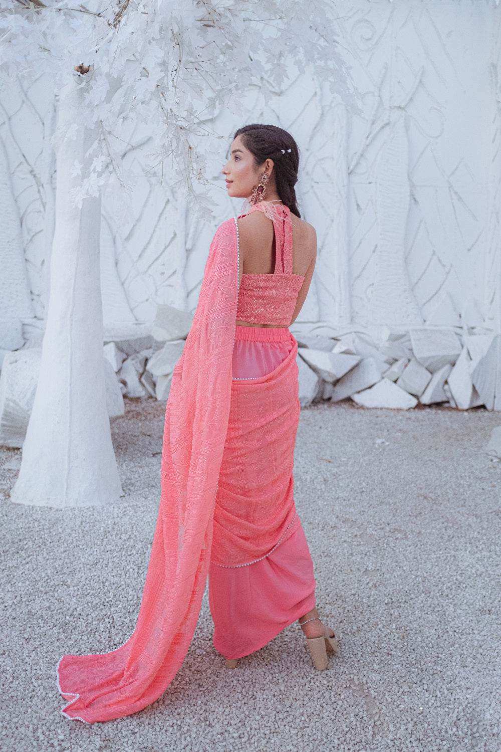 Karishma Chikankari Dhoti Saree, Blouse & Belt - Peachy Melon - Monk & Mei