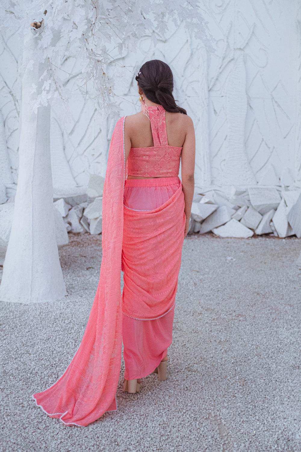 Karishma Chikankari Dhoti Saree, Blouse & Belt - Peachy Melon - Monk & Mei