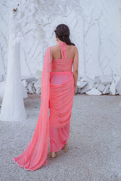 Karishma Chikankari Dhoti Saree, Blouse & Belt - Peachy Melon