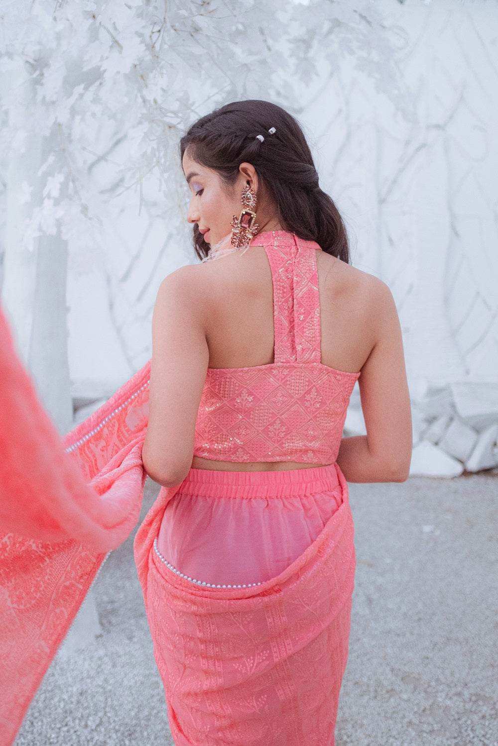 Karishma Chikankari Dhoti Saree, Blouse & Belt - Peachy Melon - Monk & Mei