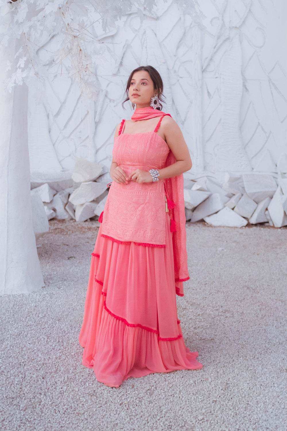 Sharmila Chikankari Kurta, Lehenga Skirt & Dupatta - Peachy Melon - Monk & Mei
