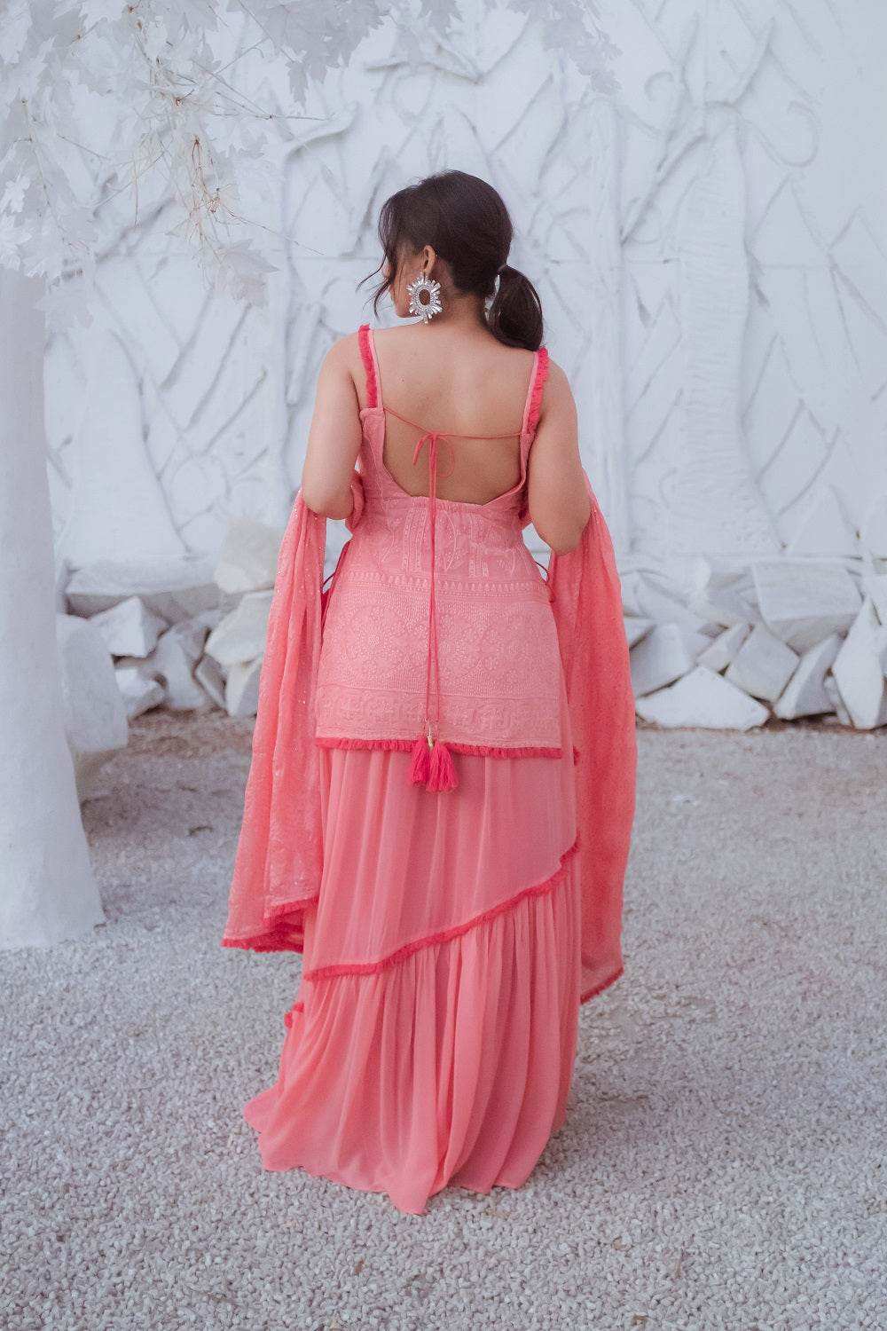 Sharmila Chikankari Kurta, Lehenga Skirt & Dupatta - Peachy Melon - Monk & Mei