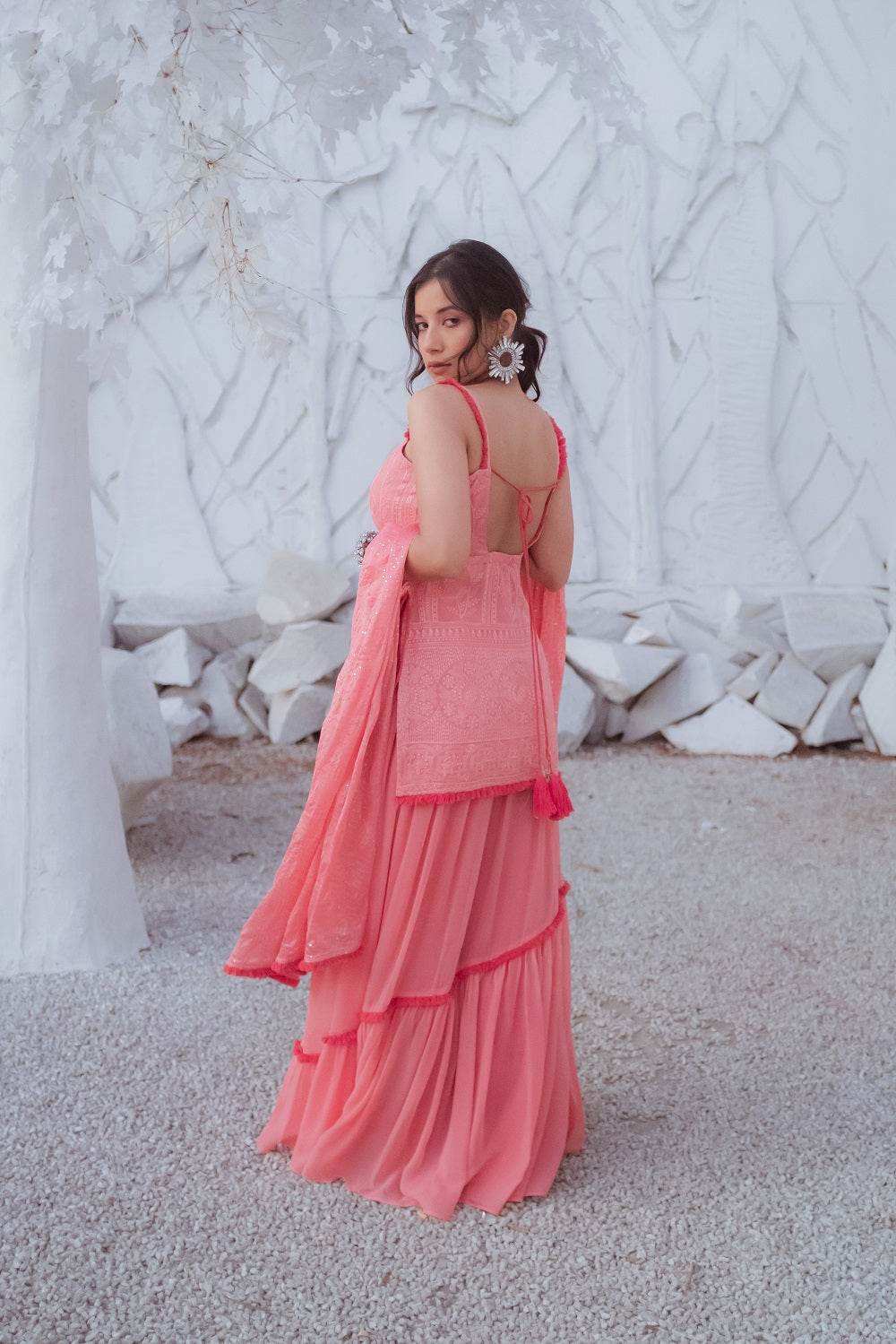Sharmila Chikankari Kurta, Lehenga Skirt & Dupatta - Peachy Melon - Monk & Mei