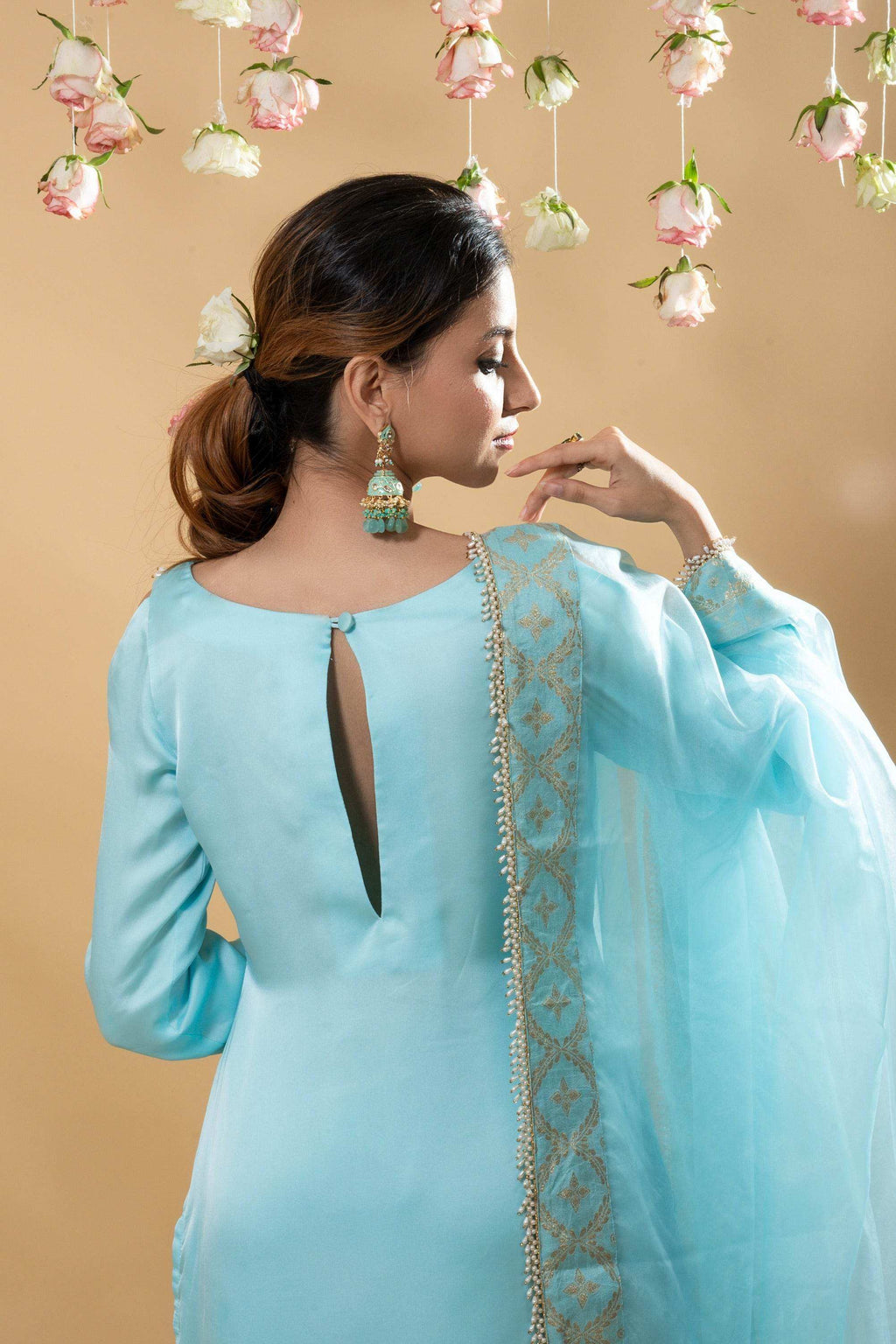 Isha Cold - Shoulder Kurta Set Powder Blue - Monk & Mei