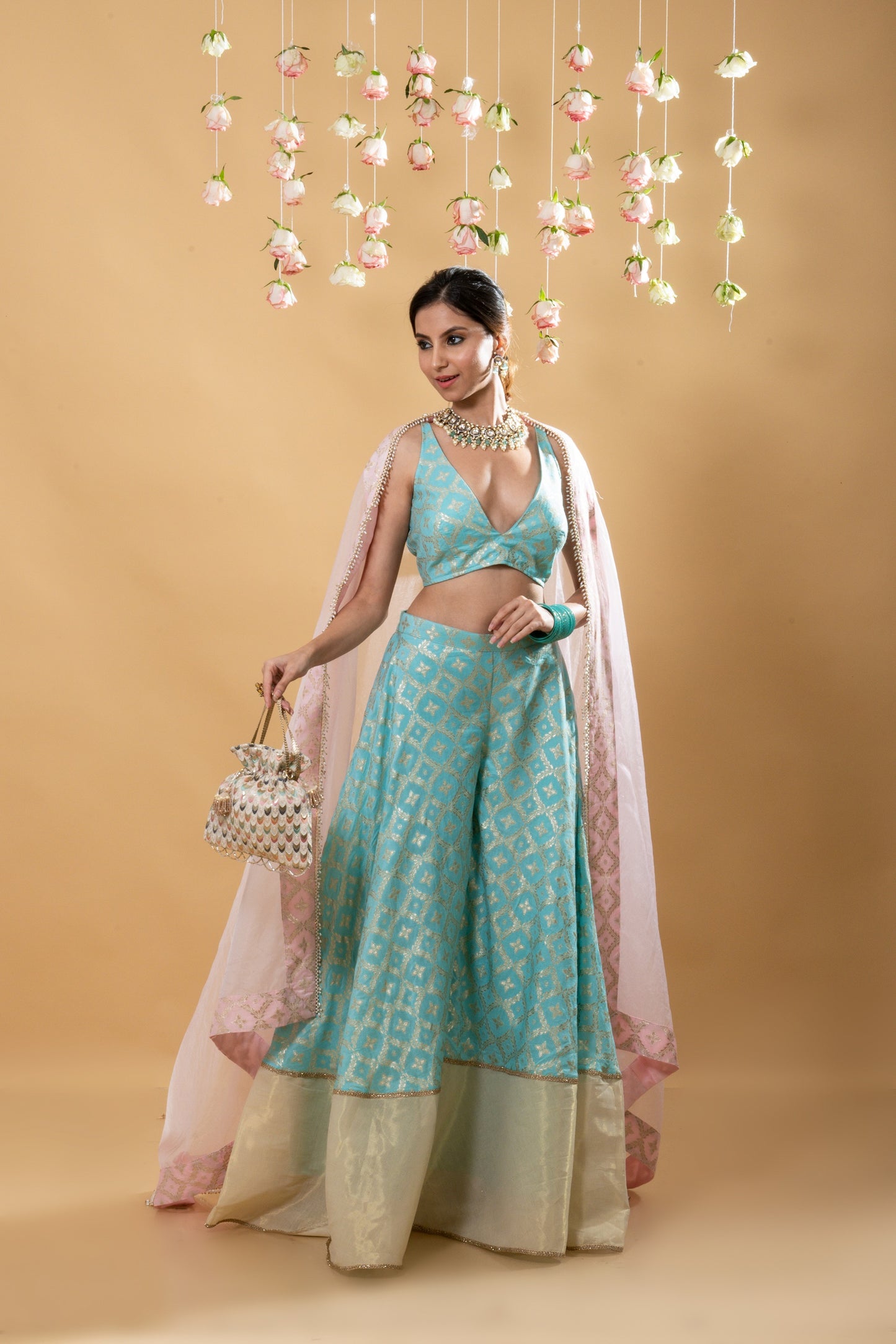 Nitya - Brocade Sharara Blouse Dupatta Set - Powder Blue