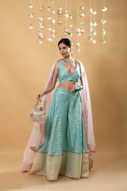 Nitya - Brocade Sharara Blouse Dupatta Set - Powder Blue