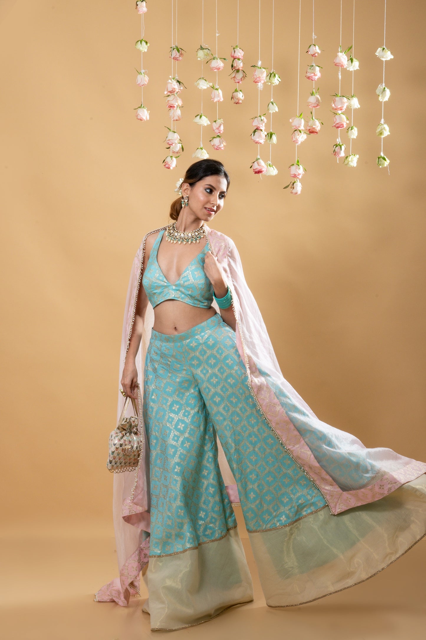 Nitya - Brocade Sharara Blouse Dupatta Set - Powder Blue