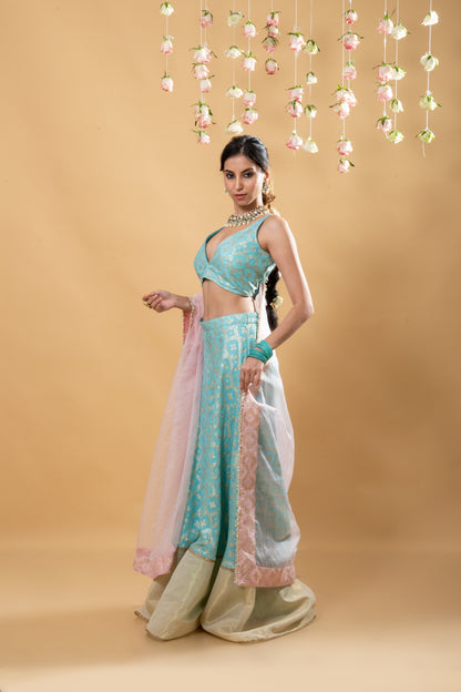 Nitya - Brocade Sharara Blouse Dupatta Set - Powder Blue