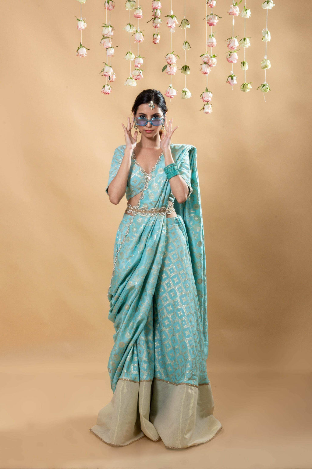 Sevati - Brocade Sharara Set - Powder Blue - Monk & Mei