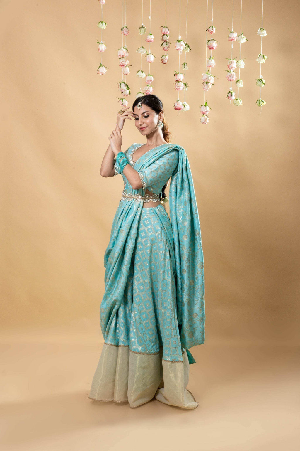 Sevati - Brocade Sharara Set - Powder Blue - Monk & Mei