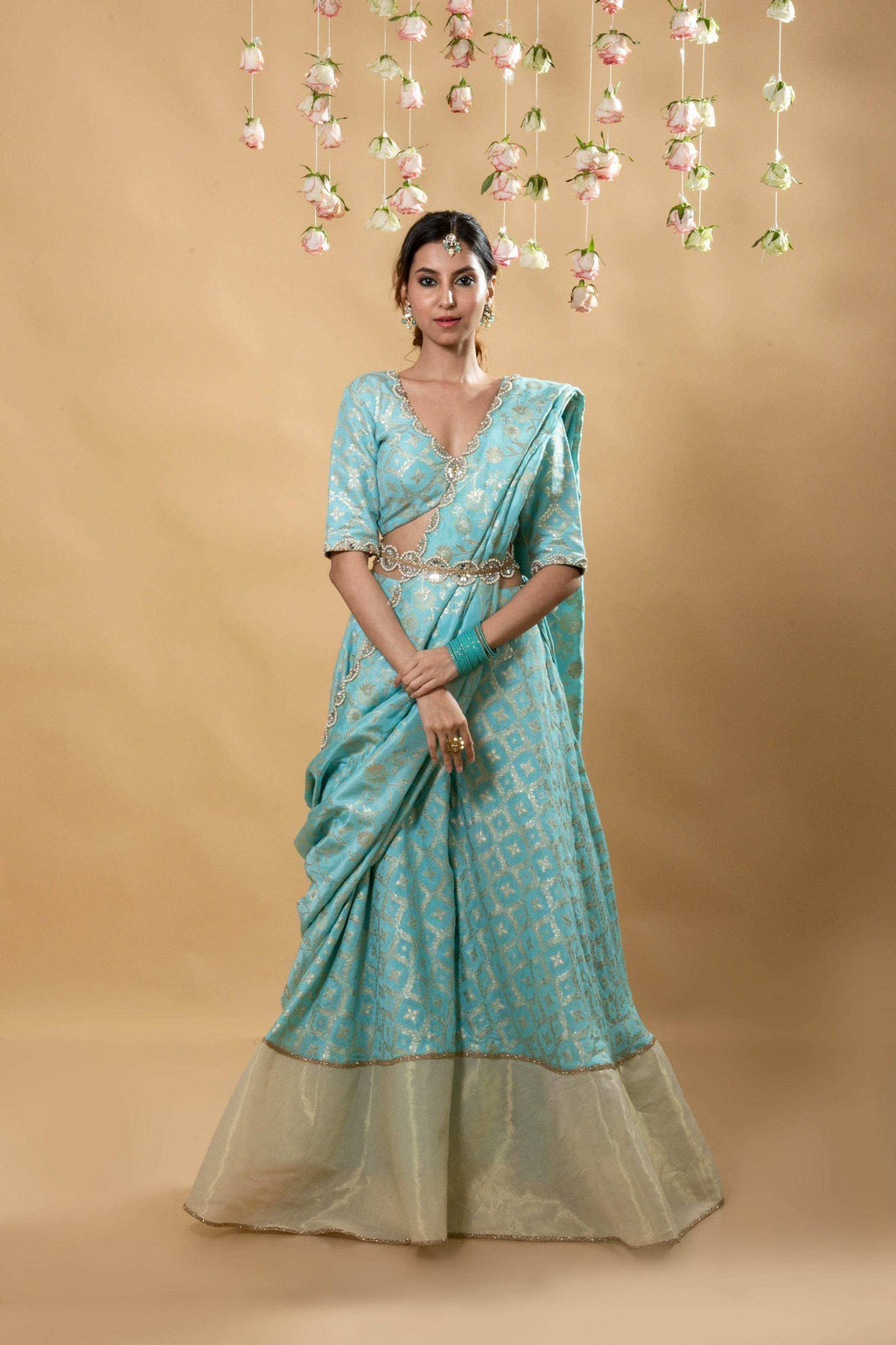 Sevati - Brocade Sharara Set - Powder Blue - Monk & Mei
