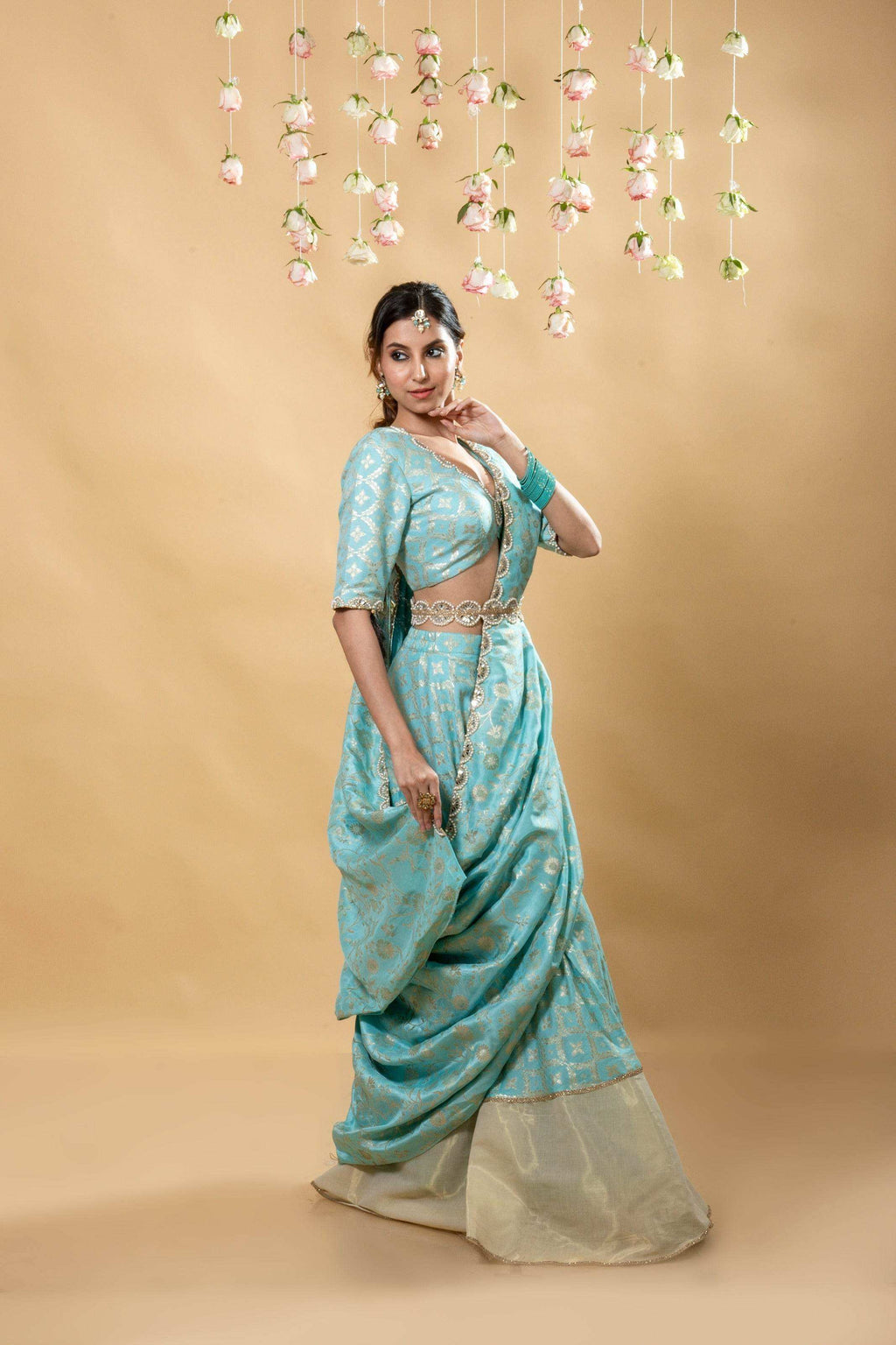 Sevati - Brocade Sharara Set - Powder Blue - Monk & Mei