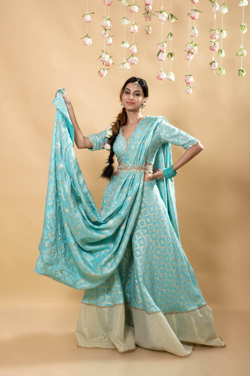 Sevati - Brocade Sharara Set - Powder Blue - Monk & Mei