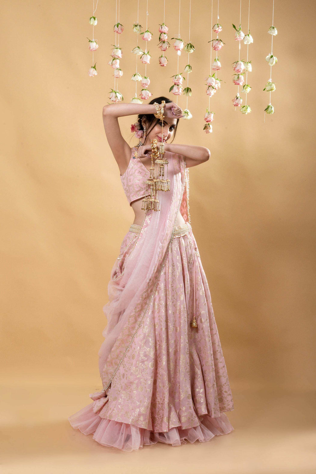Chandini- Brocade Lehenga Set Blush Pink - Monk & Mei
