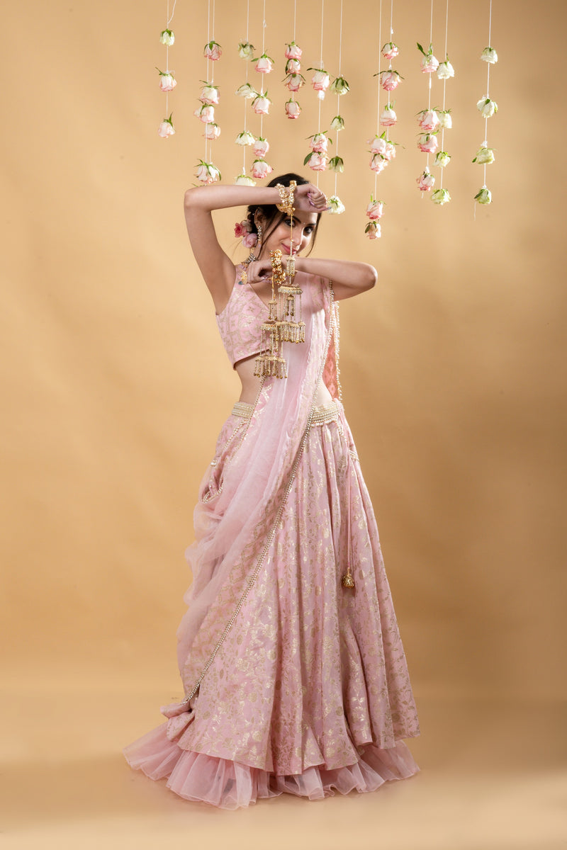 Chandini- Brocade Lehenga Set Blush Pink
