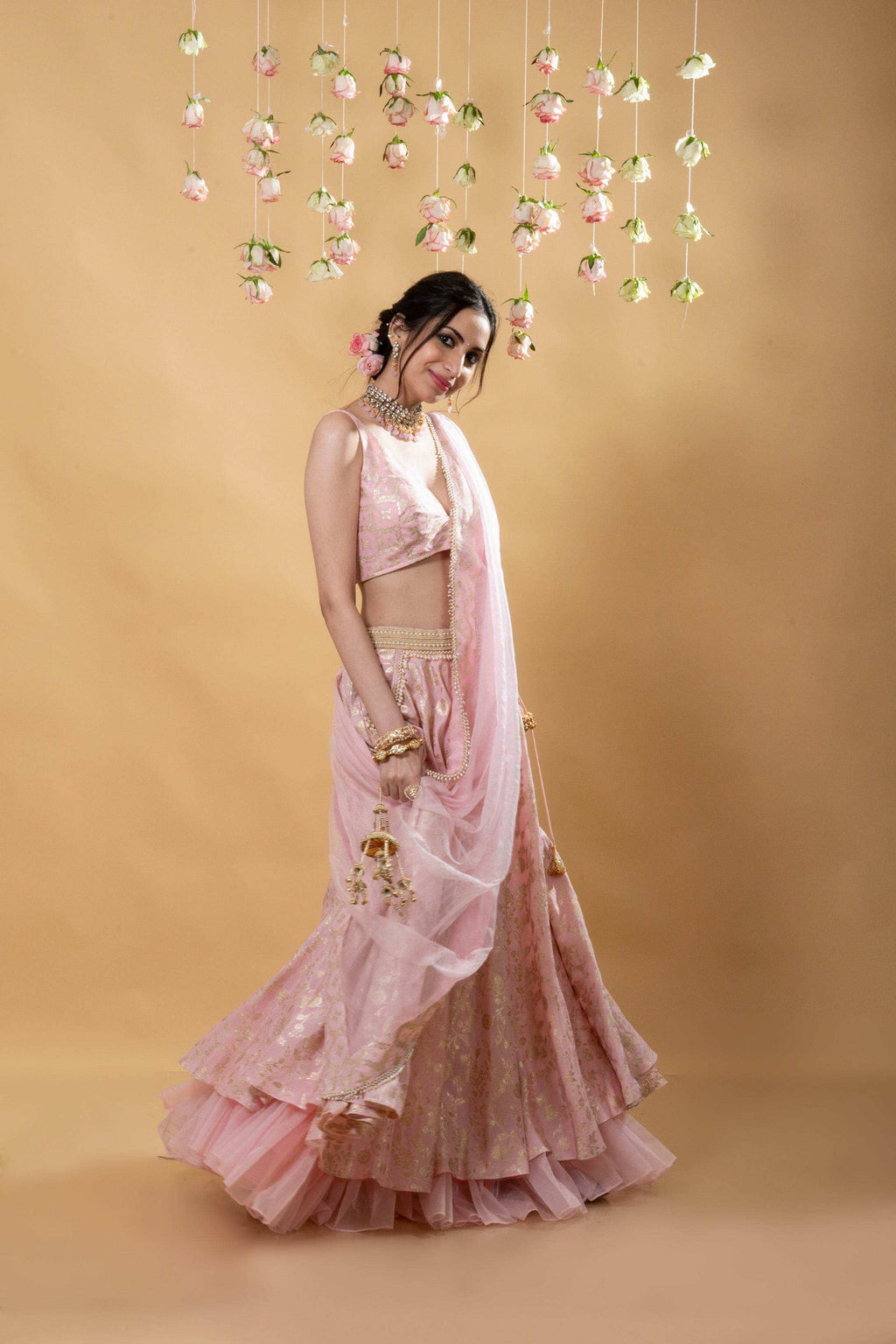 Chandini- Brocade Lehenga Set Blush Pink - Monk & Mei