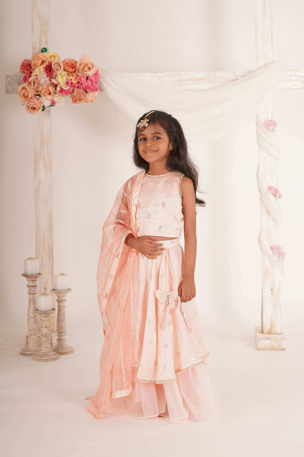 Eden- Blouse, Lehenga and Dupatta set- Peach pink and Rose gold - Monk & Mei