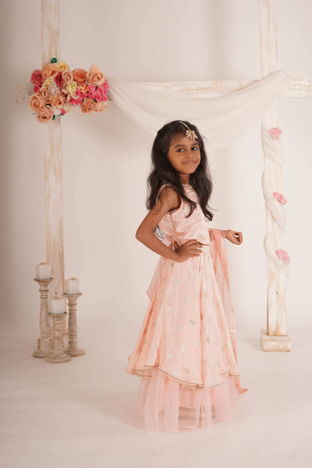 Eden- Blouse, Lehenga and Dupatta set- Peach pink and Rose gold - Monk & Mei