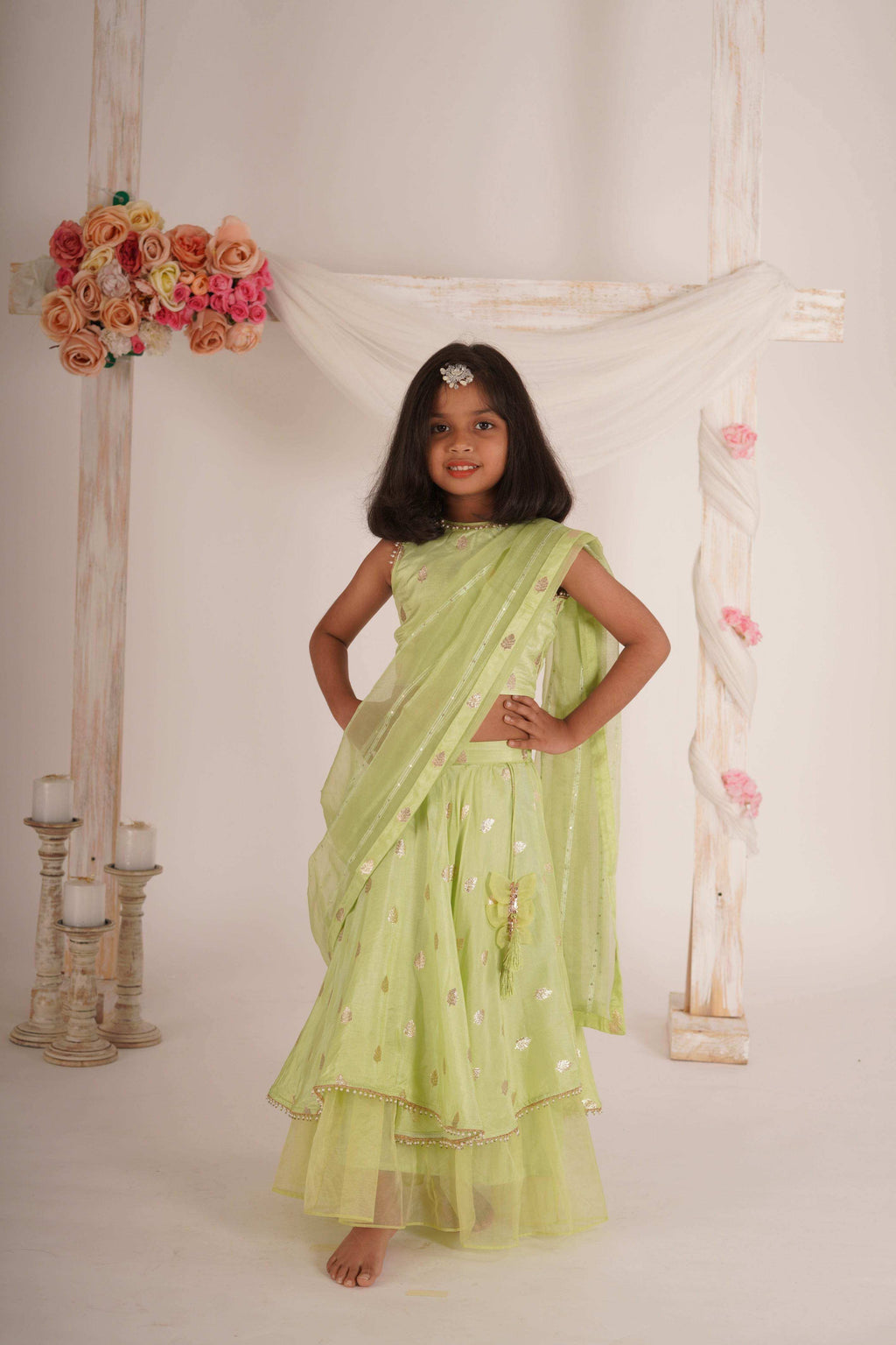 Eden- Blouse, Lehenga and Dupatta set- Pista Green and Rose Gold - Monk & Mei