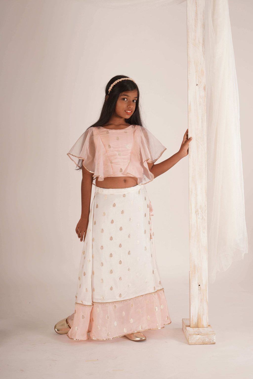 Eliza-Blouse and Lehenga set- White, Peach Pink and Rose gold - Monk & Mei