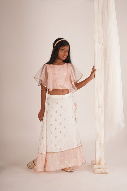 Eliza-Blouse and Lehenga set- White, Peach Pink and Rose gold