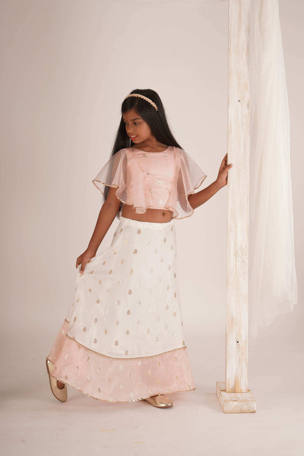 Eliza-Blouse and Lehenga set- White, Peach Pink and Rose gold - Monk & Mei