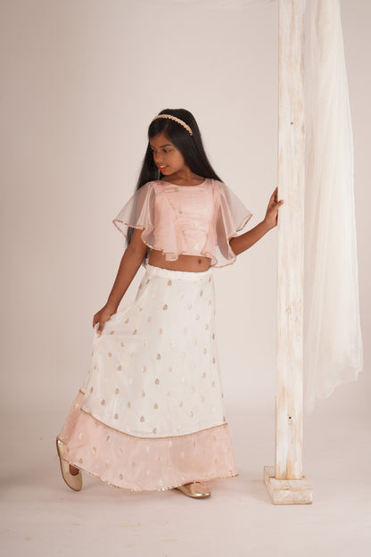 Eliza-Blouse and Lehenga set- White, Peach Pink and Rose gold