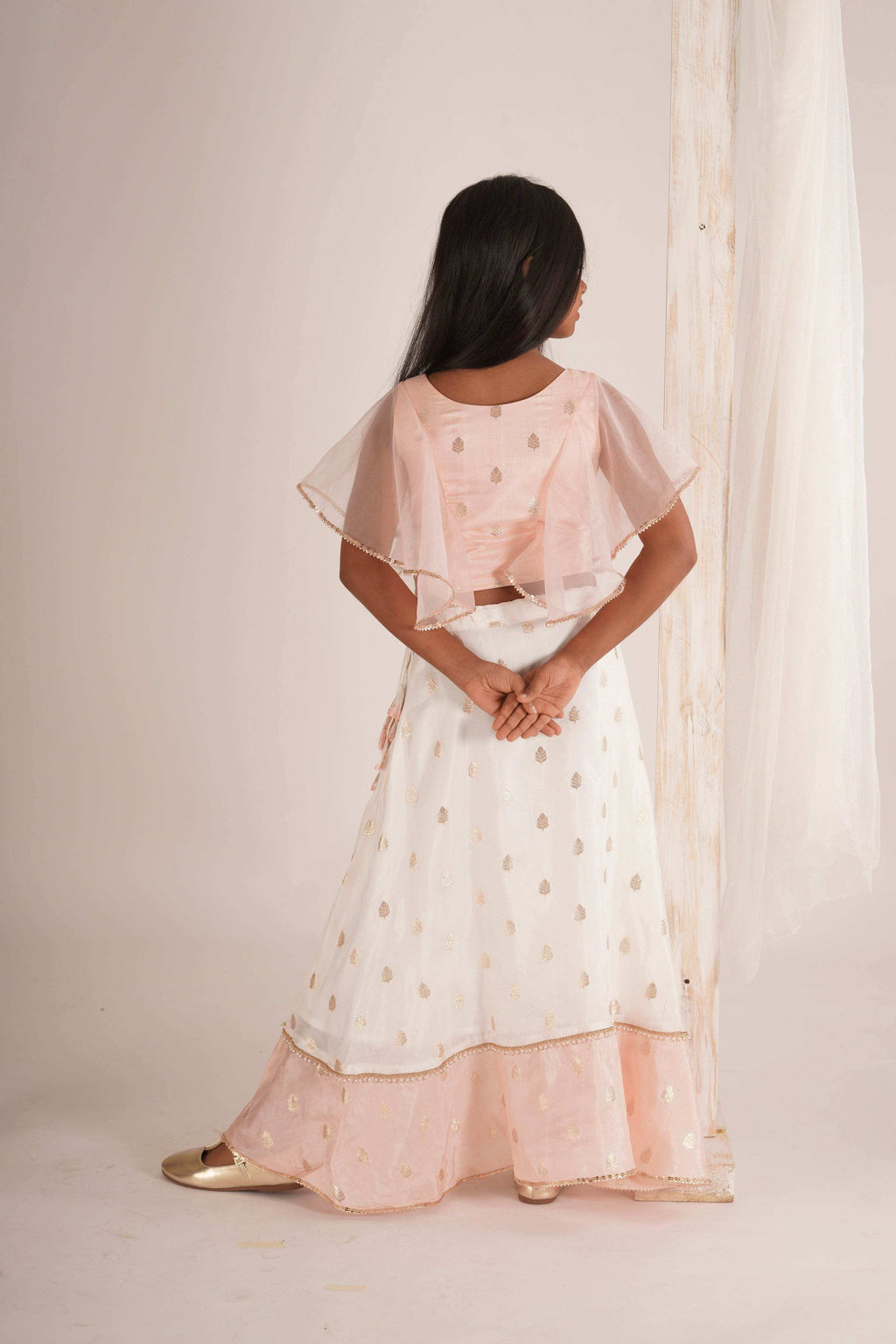 Eliza-Blouse and Lehenga set- White, Peach Pink and Rose gold - Monk & Mei