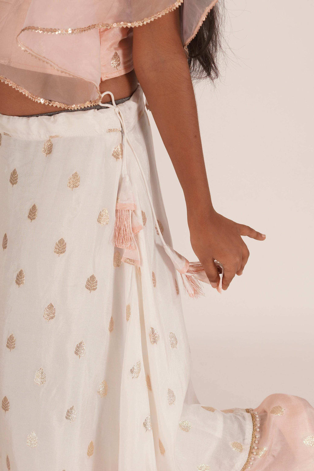 Eliza-Blouse and Lehenga set- White, Peach Pink and Rose gold - Monk & Mei