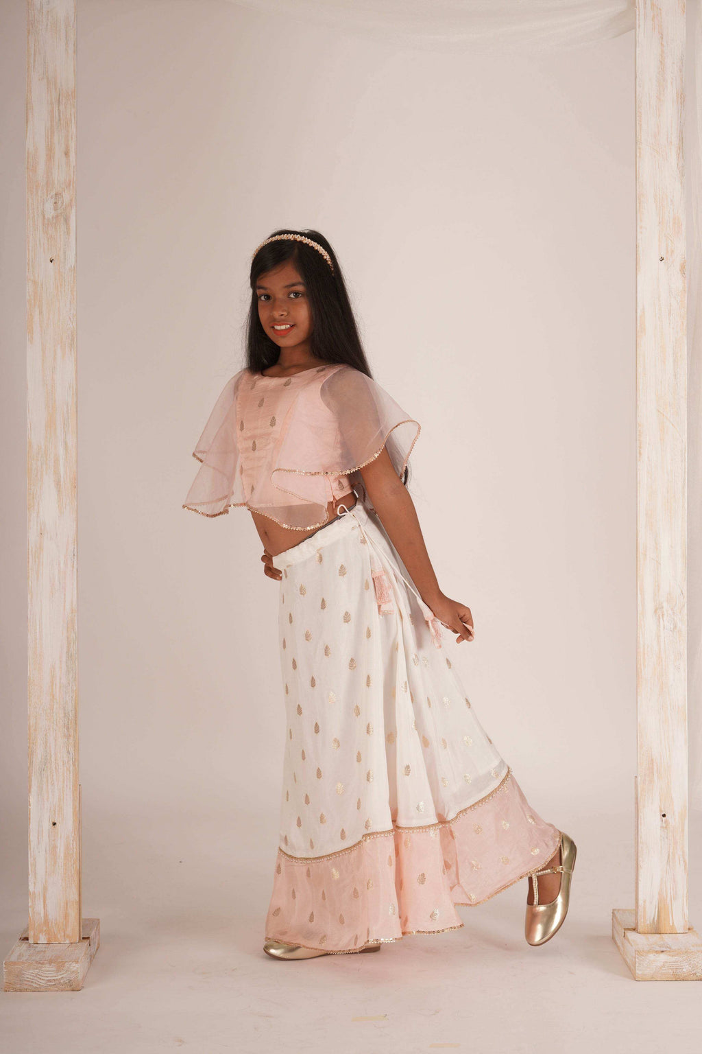 Eliza-Blouse and Lehenga set- White, Peach Pink and Rose gold - Monk & Mei
