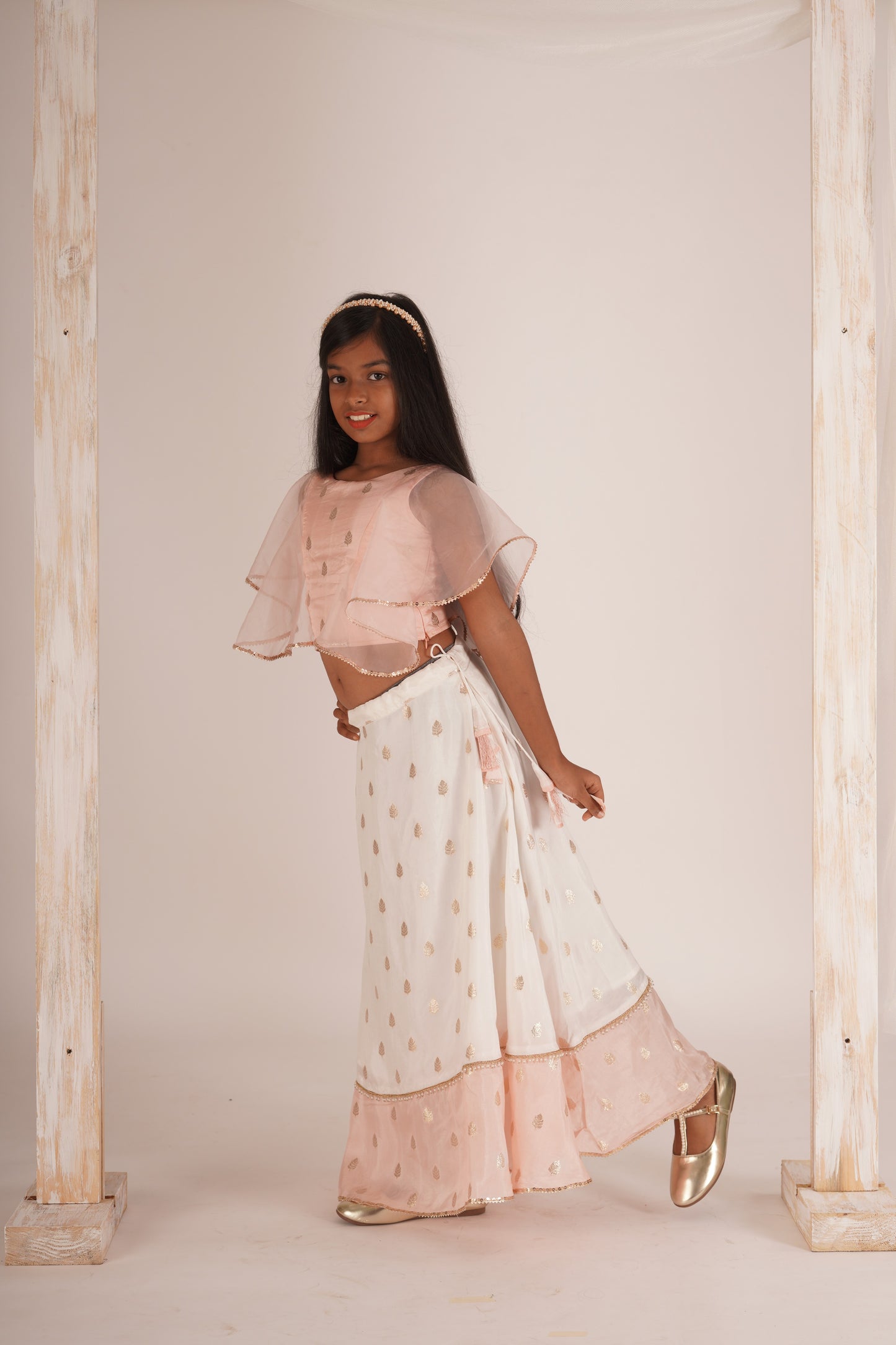 Eliza-Blouse and Lehenga set- White, Peach Pink and Rose gold