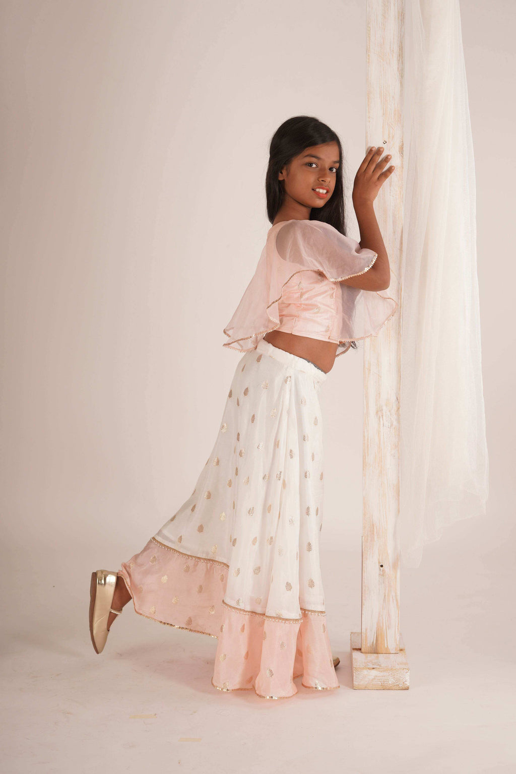 Eliza-Blouse and Lehenga set- White, Peach Pink and Rose gold - Monk & Mei