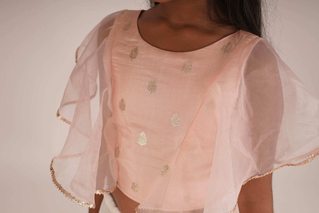 Eliza-Blouse and Lehenga set- White, Peach Pink and Rose gold - Monk & Mei